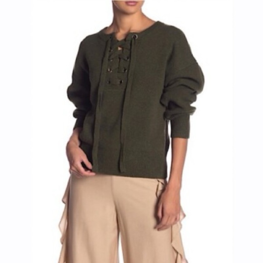 Endless Rose Olive Lace-Up Crewneck Sweater